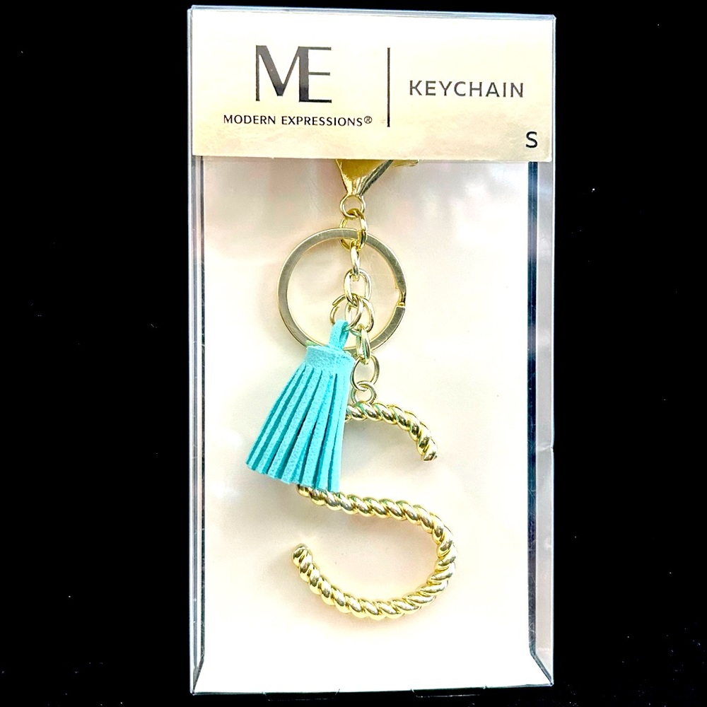 NWT Modern Expressions Bag Charm / Keychain with Gold Letter “S” and Blue Tassel